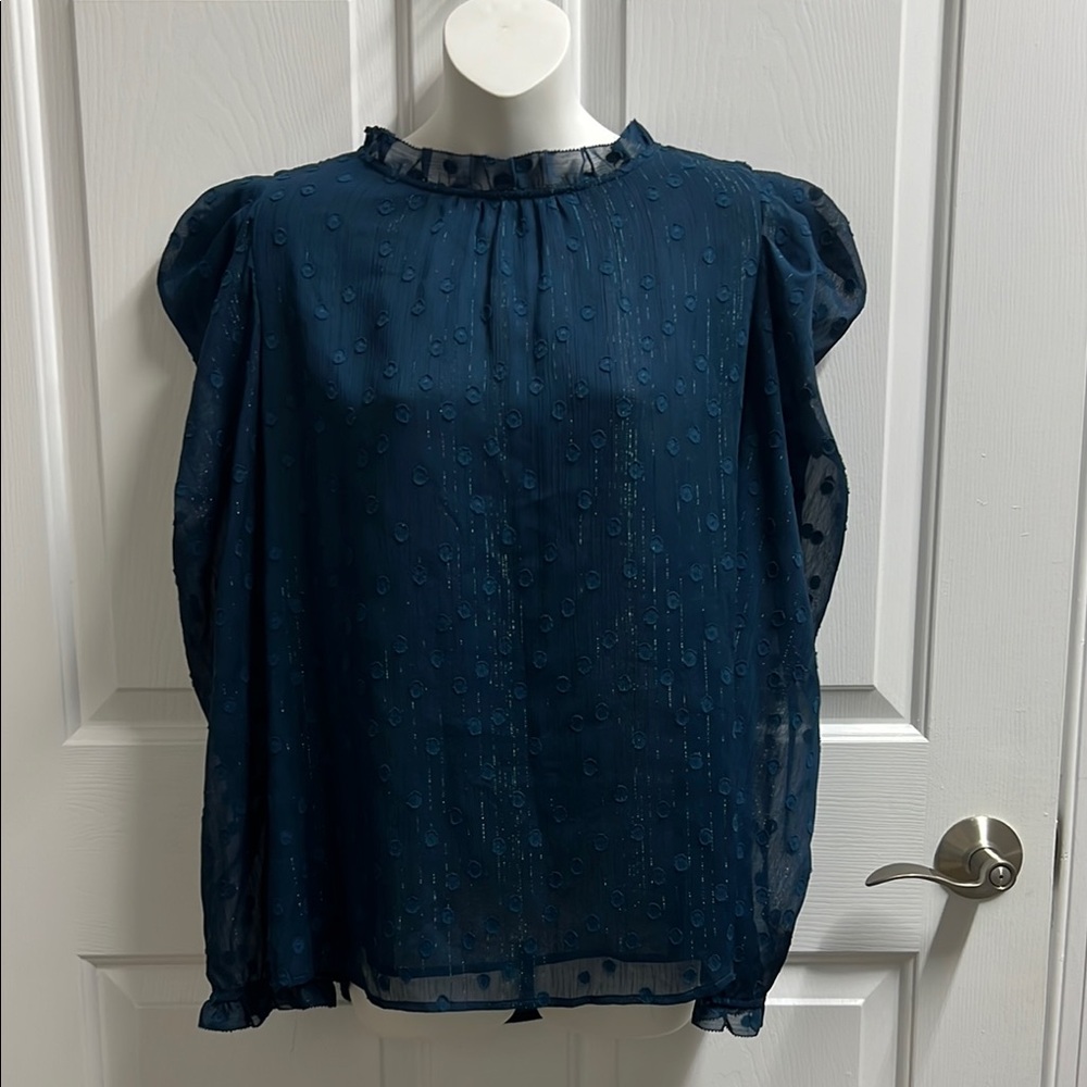 DKNY Sheer Navy Blue Swiss Dot Blouse